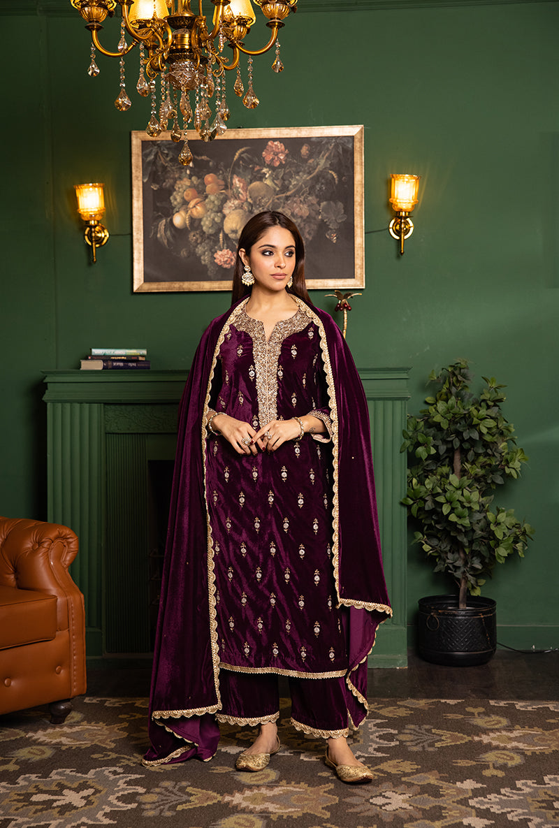 Wine Velvet Heavy Neck And Butti Dastaan Kurta Set