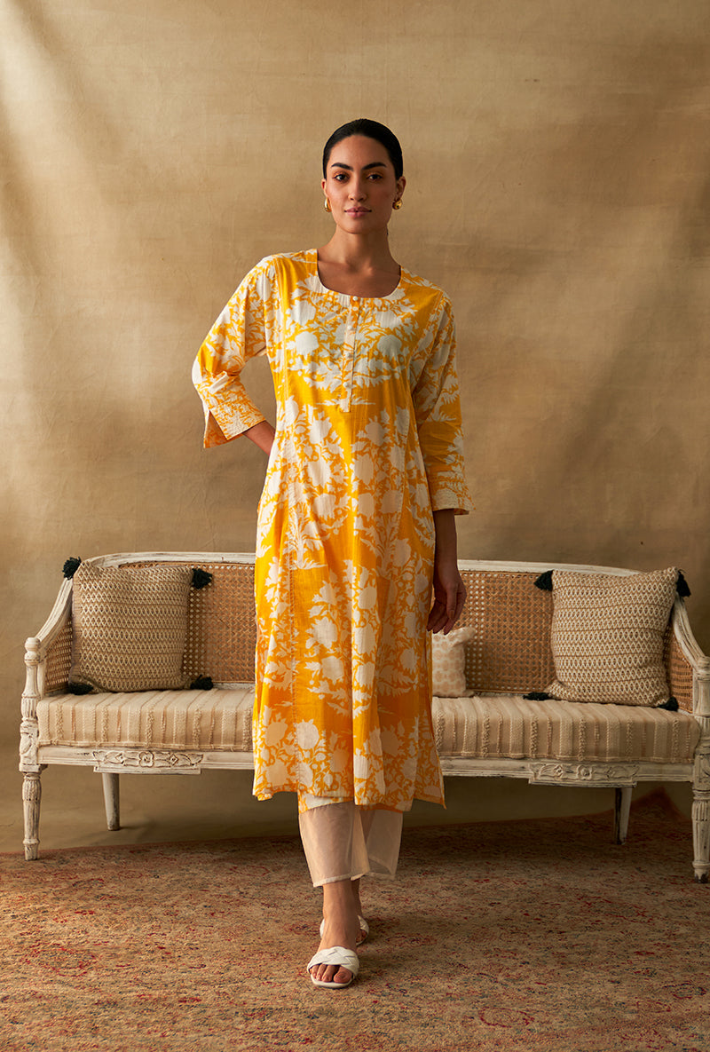 Yellow And White Ikat Print Marigold Kurta Set
