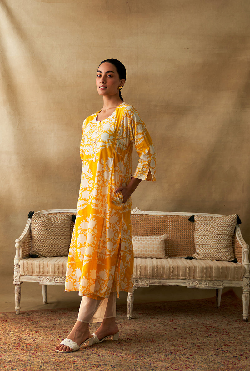 Yellow And White Ikat Print Marigold Kurta Set