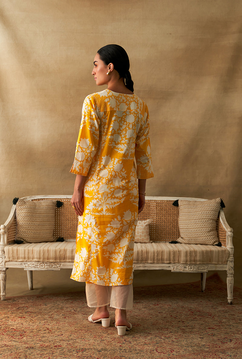 Yellow And White Ikat Print Marigold Kurta Set