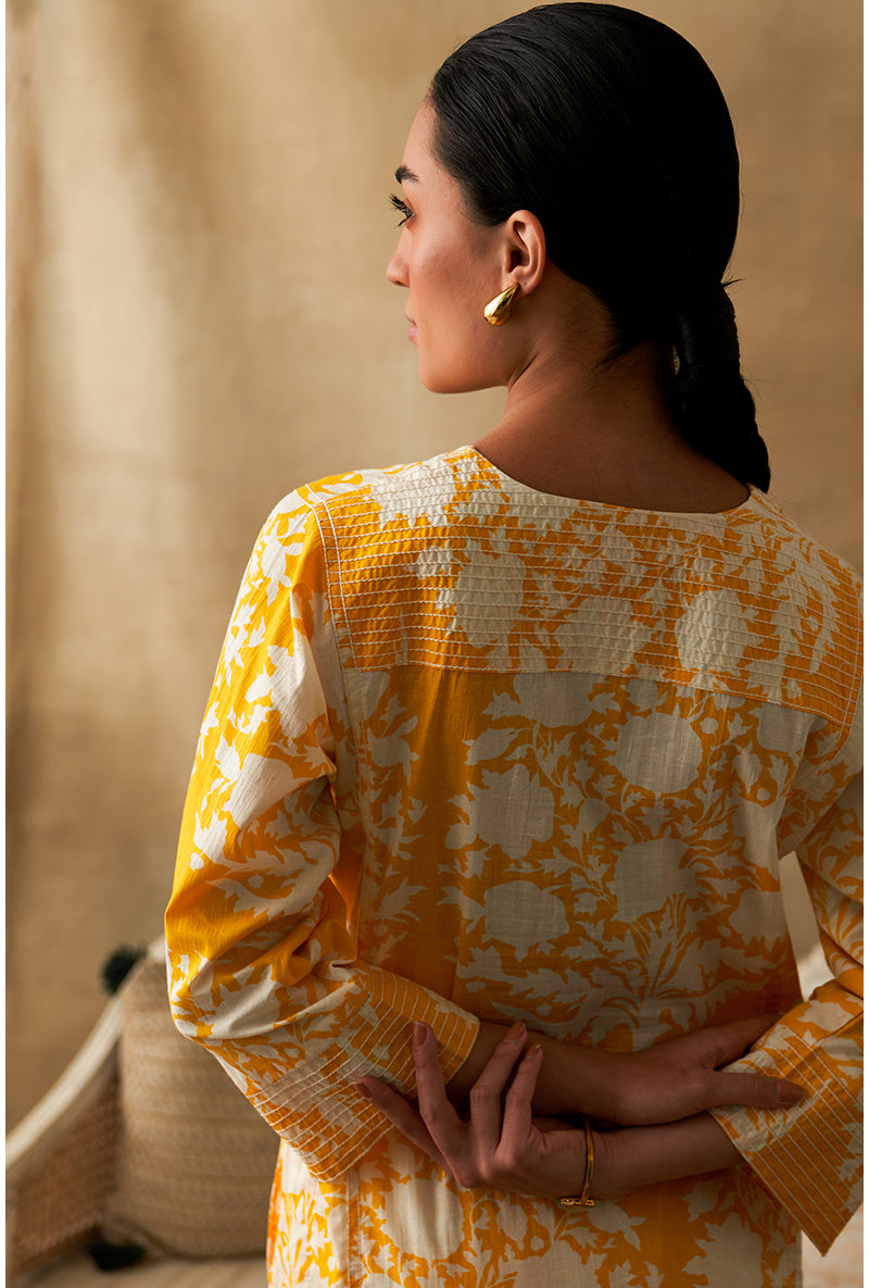 Yellow And White Ikat Print Marigold Kurta Set