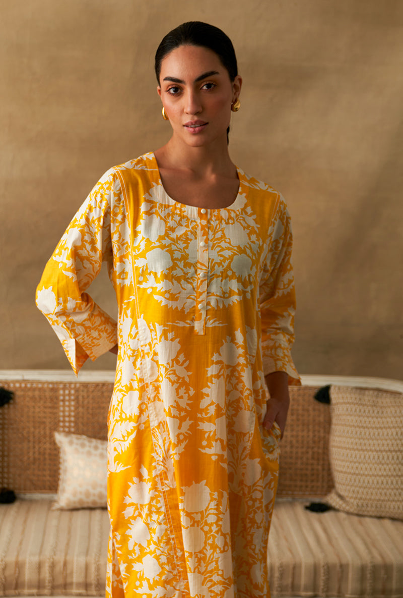 Yellow And White Ikat Print Marigold Kurta Set