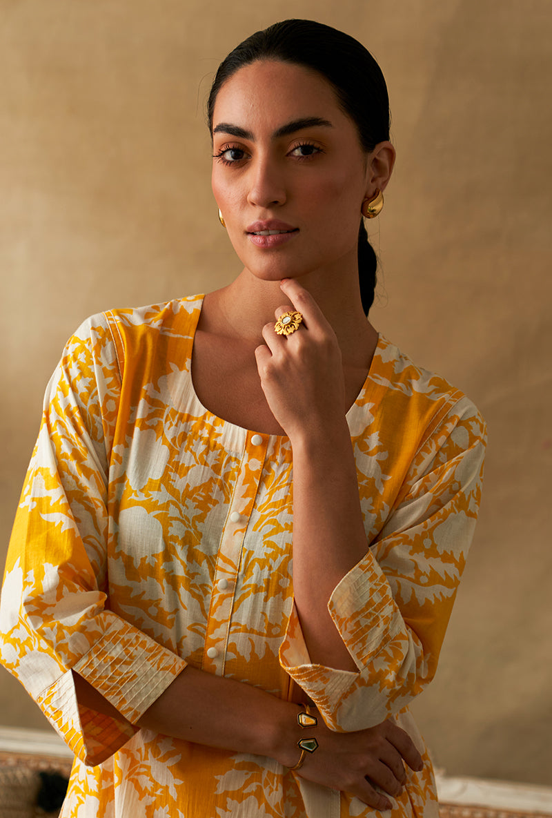 Yellow And White Ikat Print Marigold Kurta Set