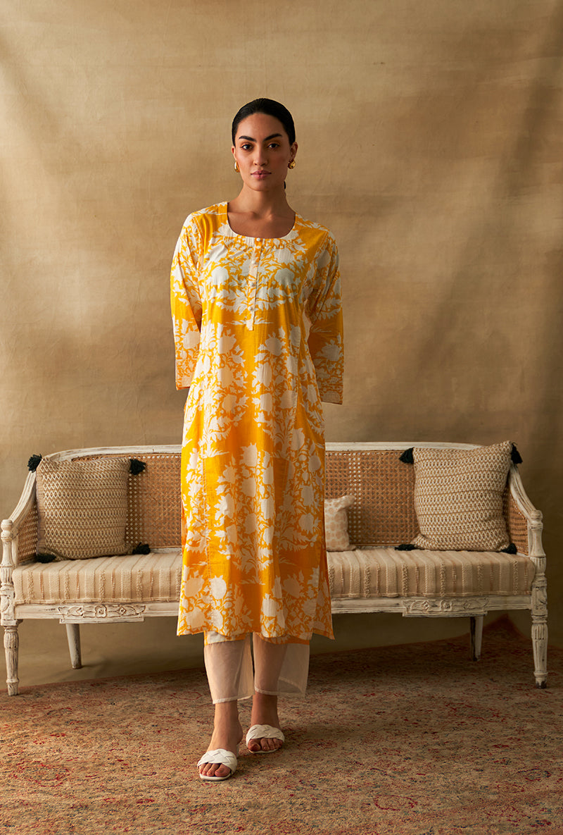 Yellow And White Ikat Print Marigold Kurta Set