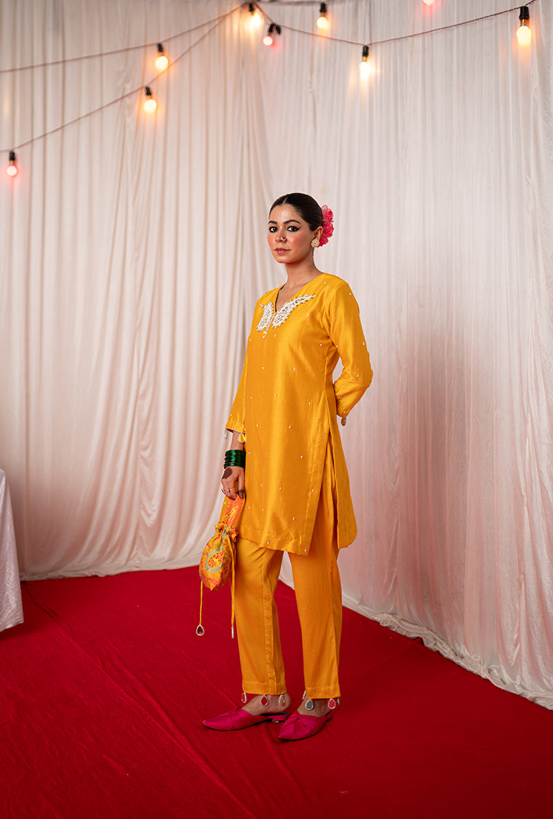 Yellow Embroidered Kikli Short Kurta Set