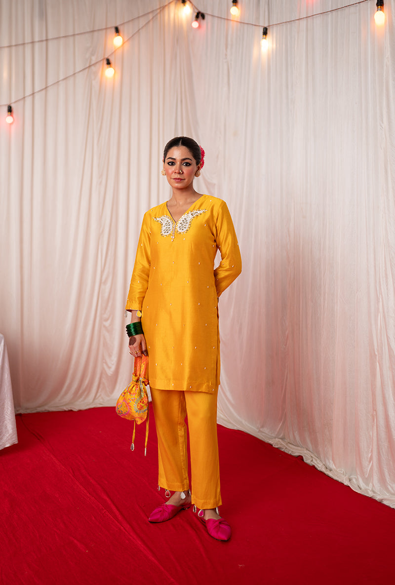 Yellow Embroidered Kikli Short Kurta Set