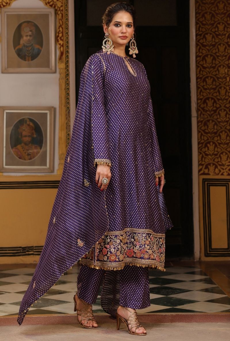 Purple Printed Mayur Applique Long Mehfil Kurta Set