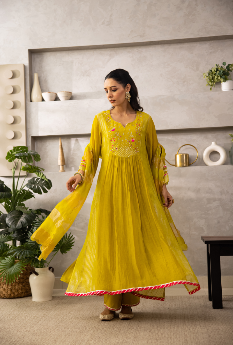 Lemon Yellow Pearl Gota Front Pleat Laado Kurta Set