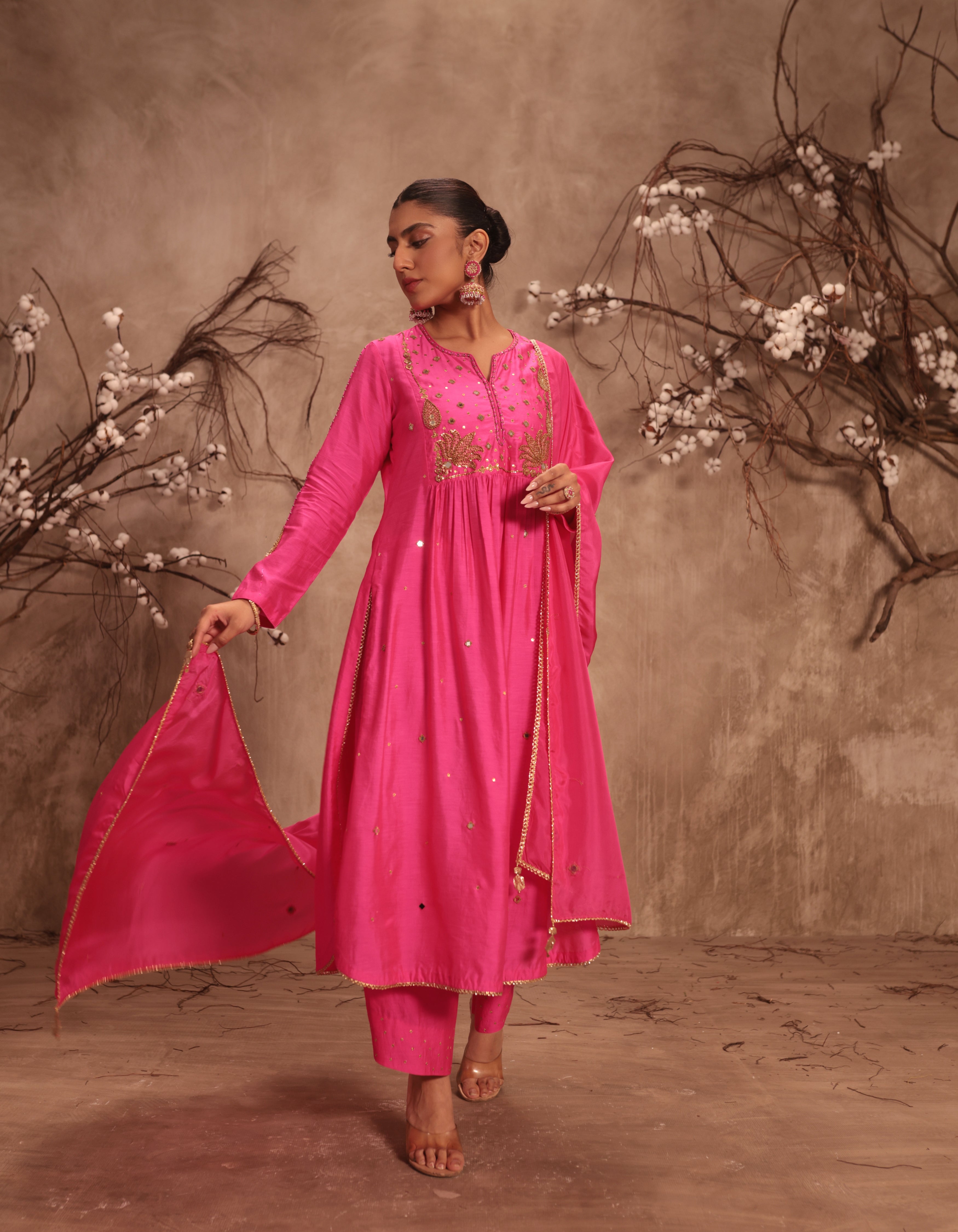 Hot Pink Frockstyle Rani Kurta Set
