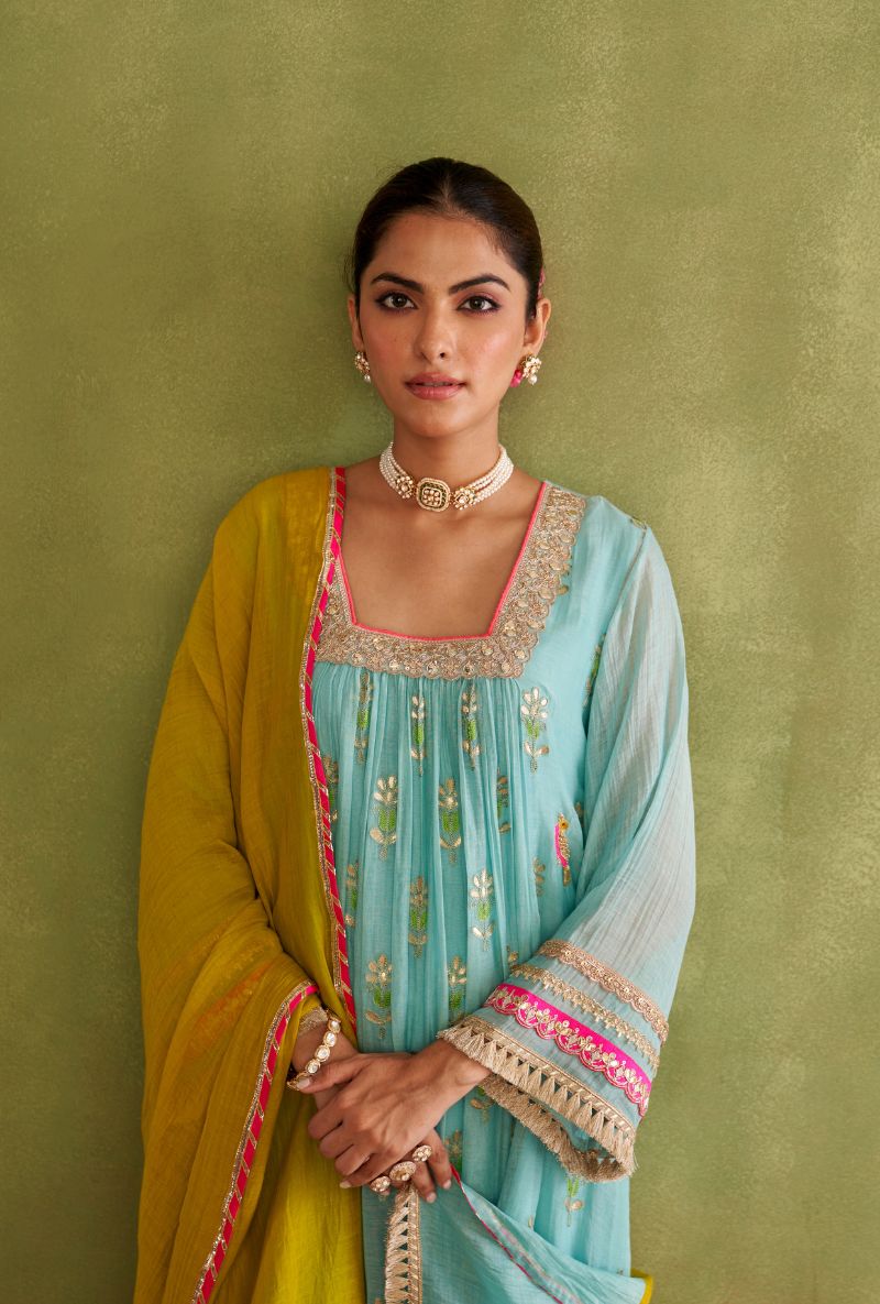 Aqua Embroidered Square Neck Morbagh Kurta Set