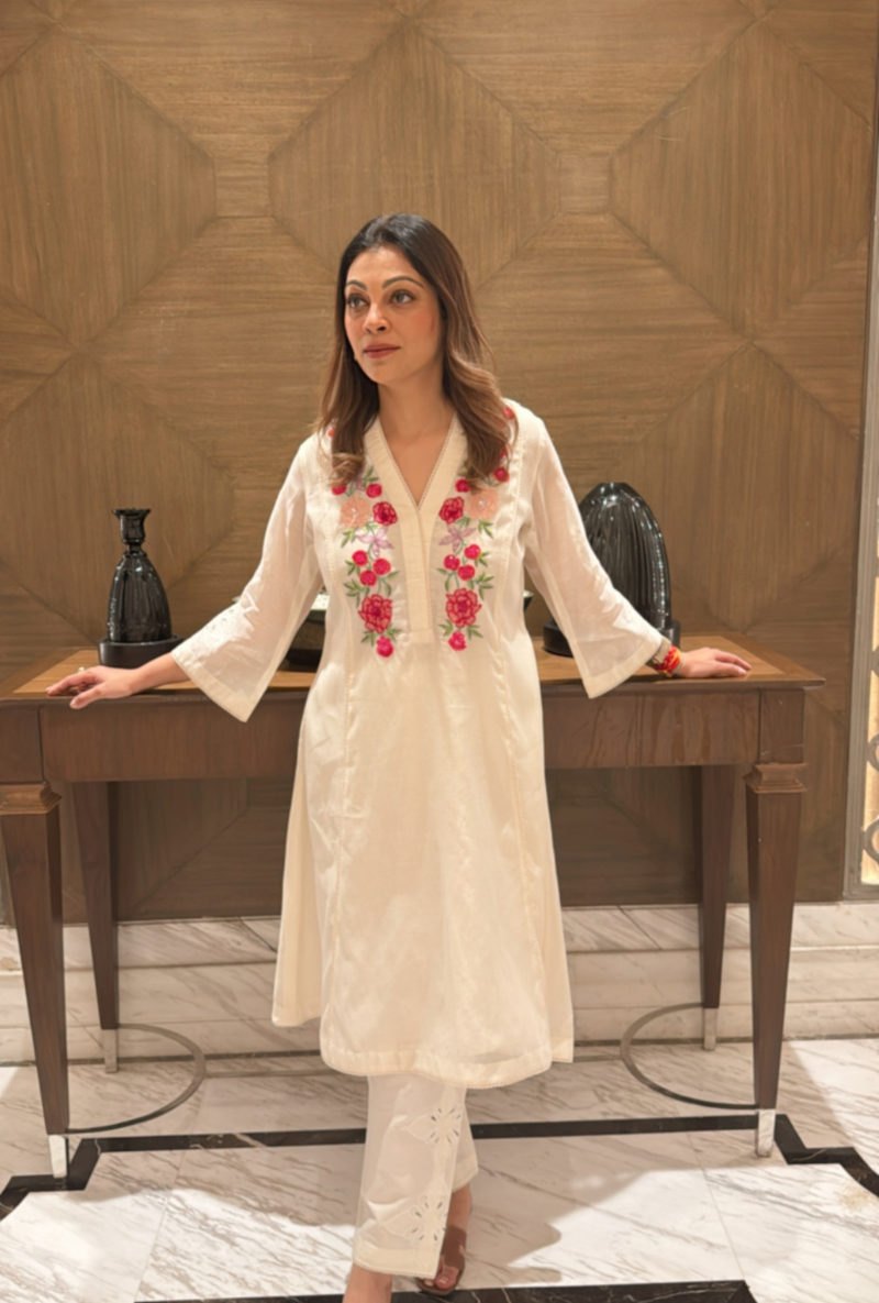Meghna Nayyar in Ivory A Line Hand Embroidered Anaardana Kurta Set