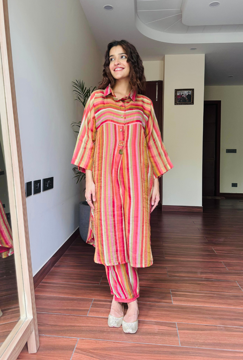 Varsha Rana in Red Anti Fit Stripe Kurta Set