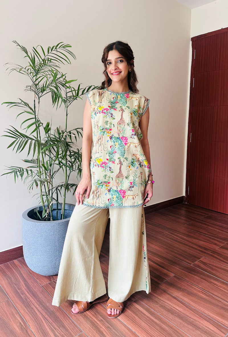 Varsha Rana in Beige Safari Print Sleeveless Savannah Co-Ord Set