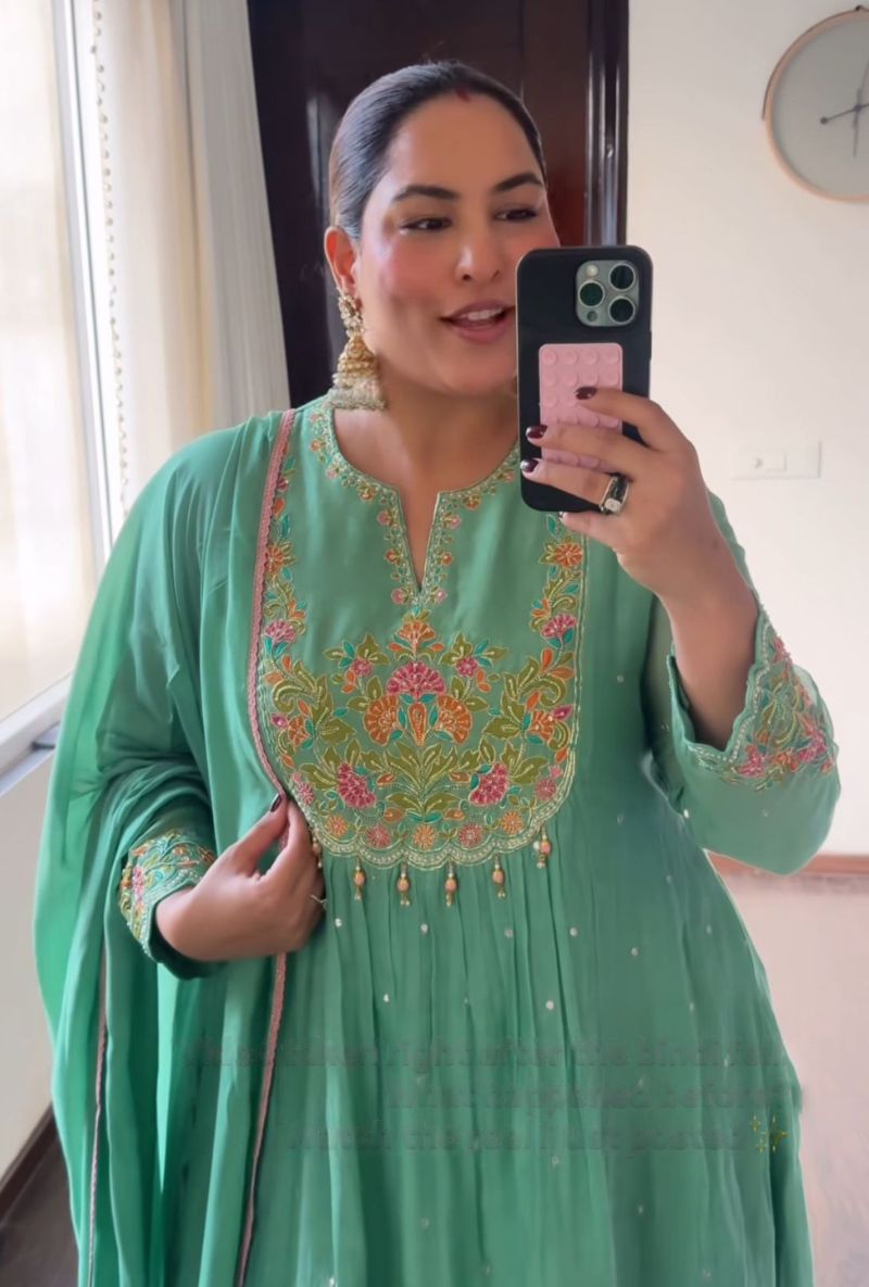 Sakshi Sindhwani in Aqua Resham Front Pleat Kurta Set