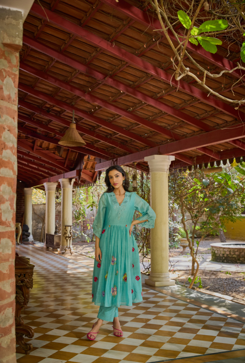 Turquoise Empire Cut Applique Anaardana Anarkali Set
