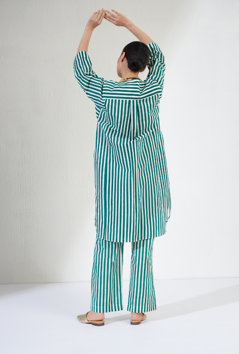 Green And Off White Hand Block Print Stripes Zana Olivia Kurta Set
