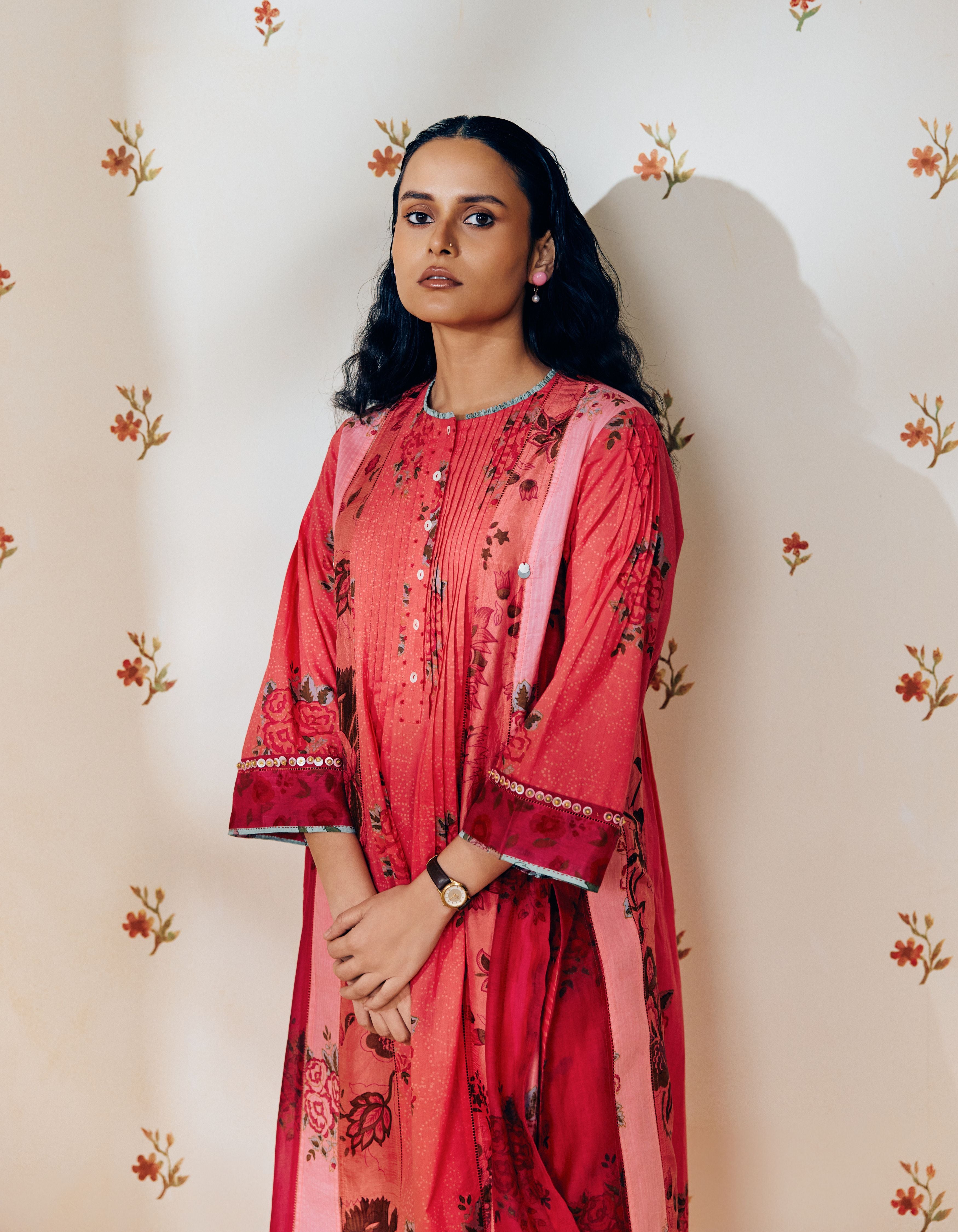 Rani Pink Pintuck Hand Block Printed Multi Panel Mia Kurta Set