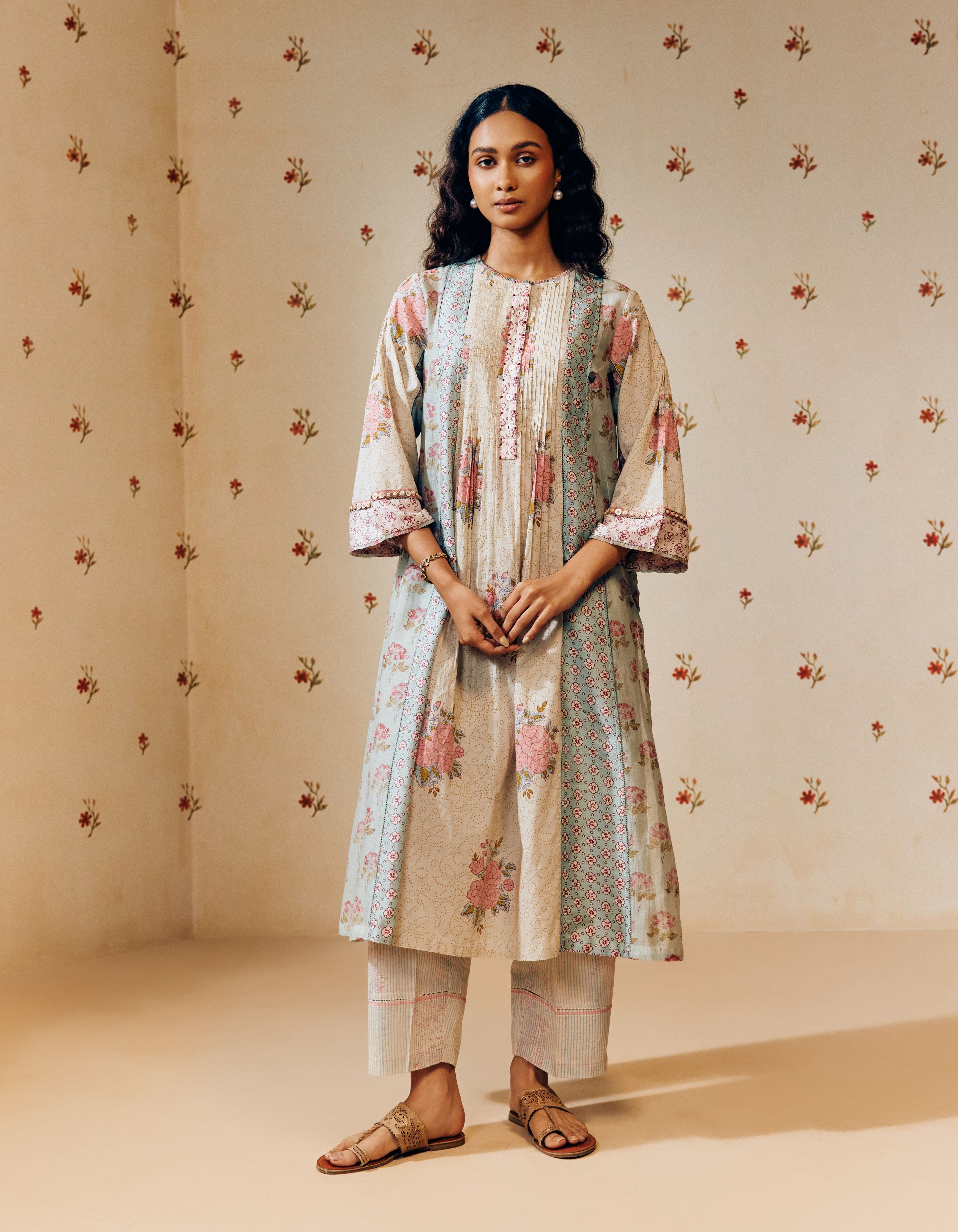 Powder Blue Hand Block Printed Multi Panel Mia Kurta Set