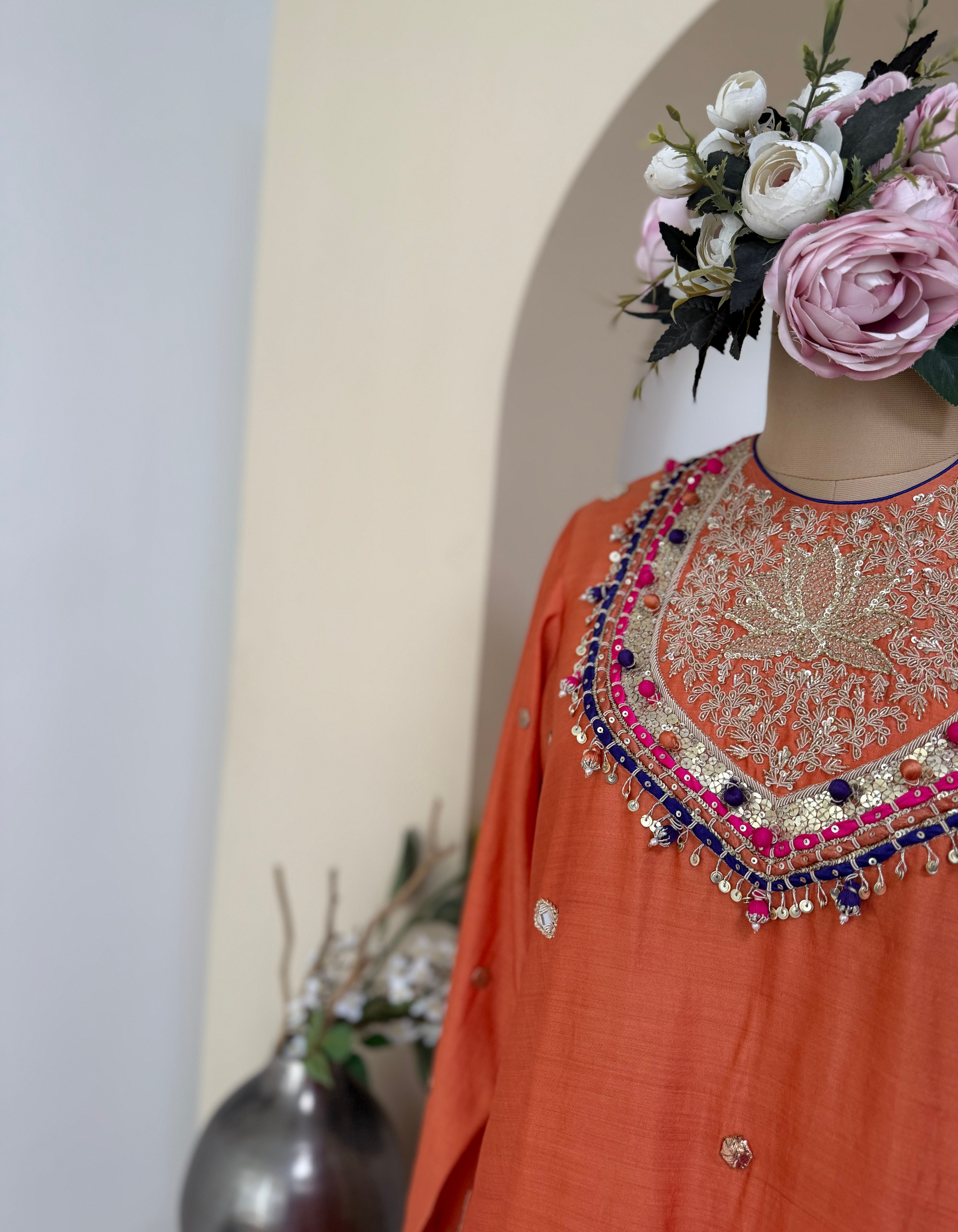 Orange Lotus Yoke Rani Kurta Set
