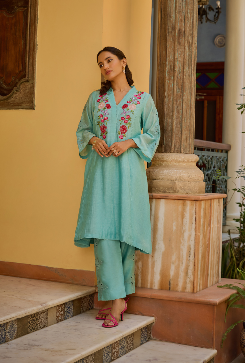 Turquoise A Line Hand Embroidered Anaardana Kurta Set