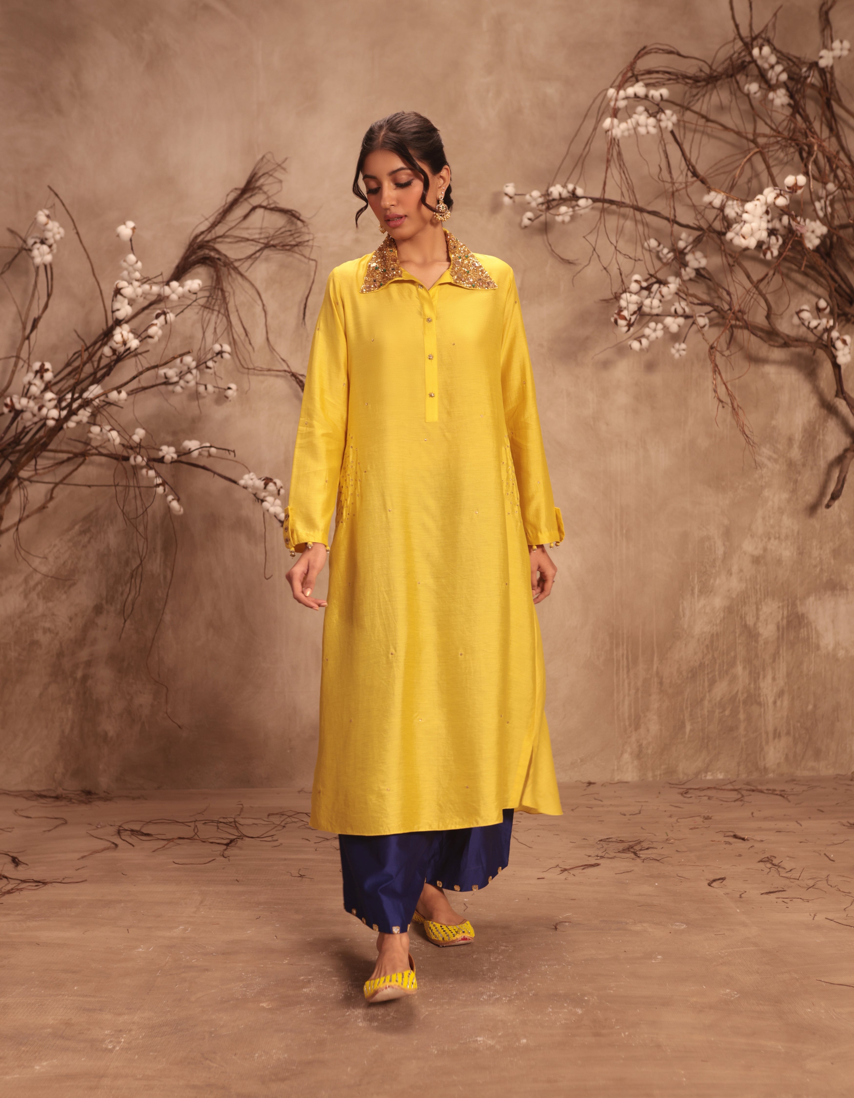 Yellow Heavy Collar Rani Kurta Set