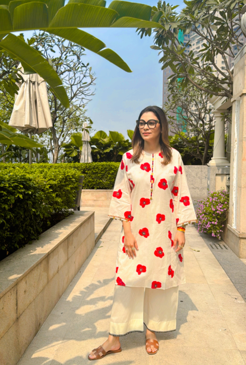 Meghna Nayyar in White Hand Embroidered Poppy Love Letters Kurta Set