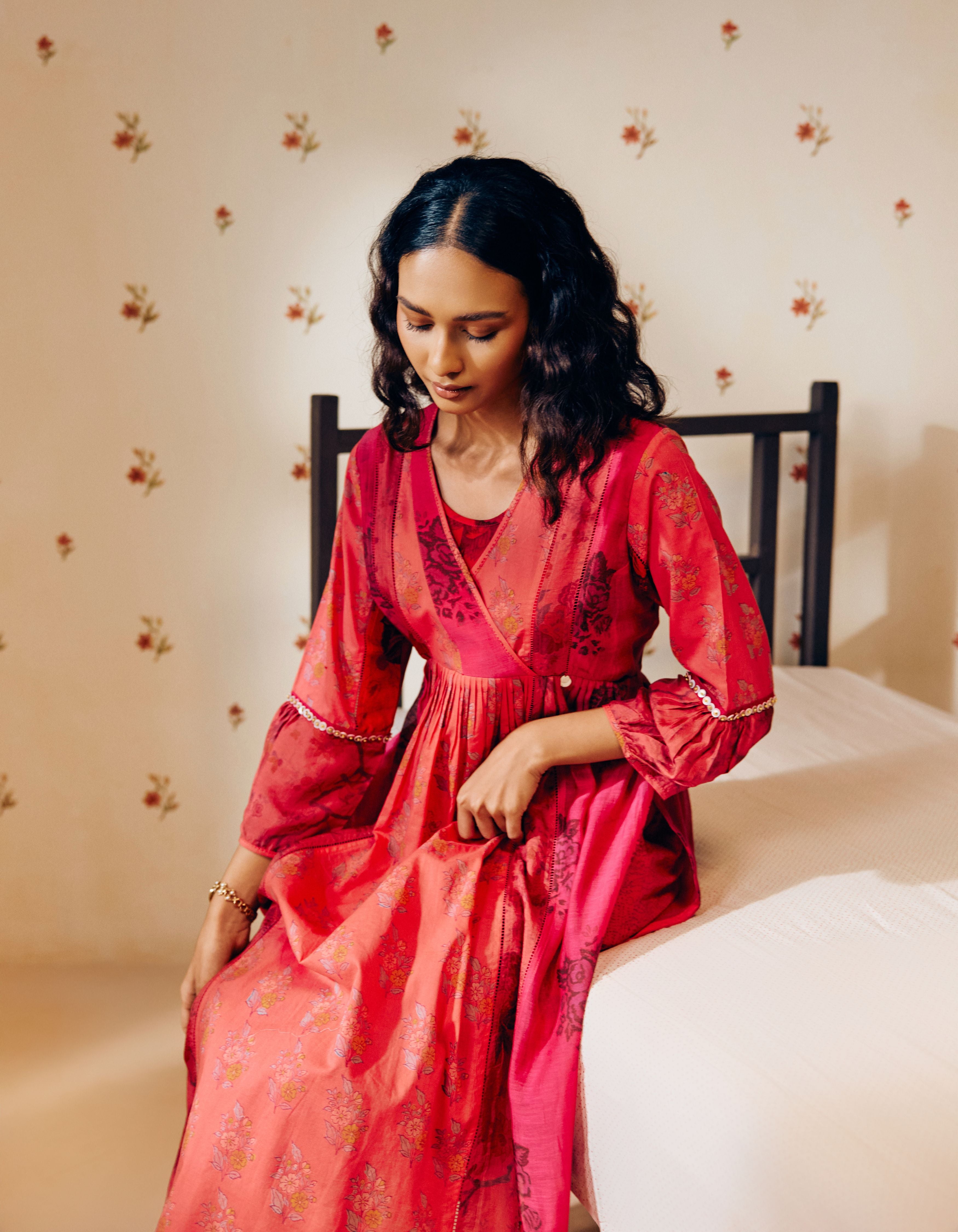 Rani Pink Hand Block Printed Multi Panel Mia Kurta Set