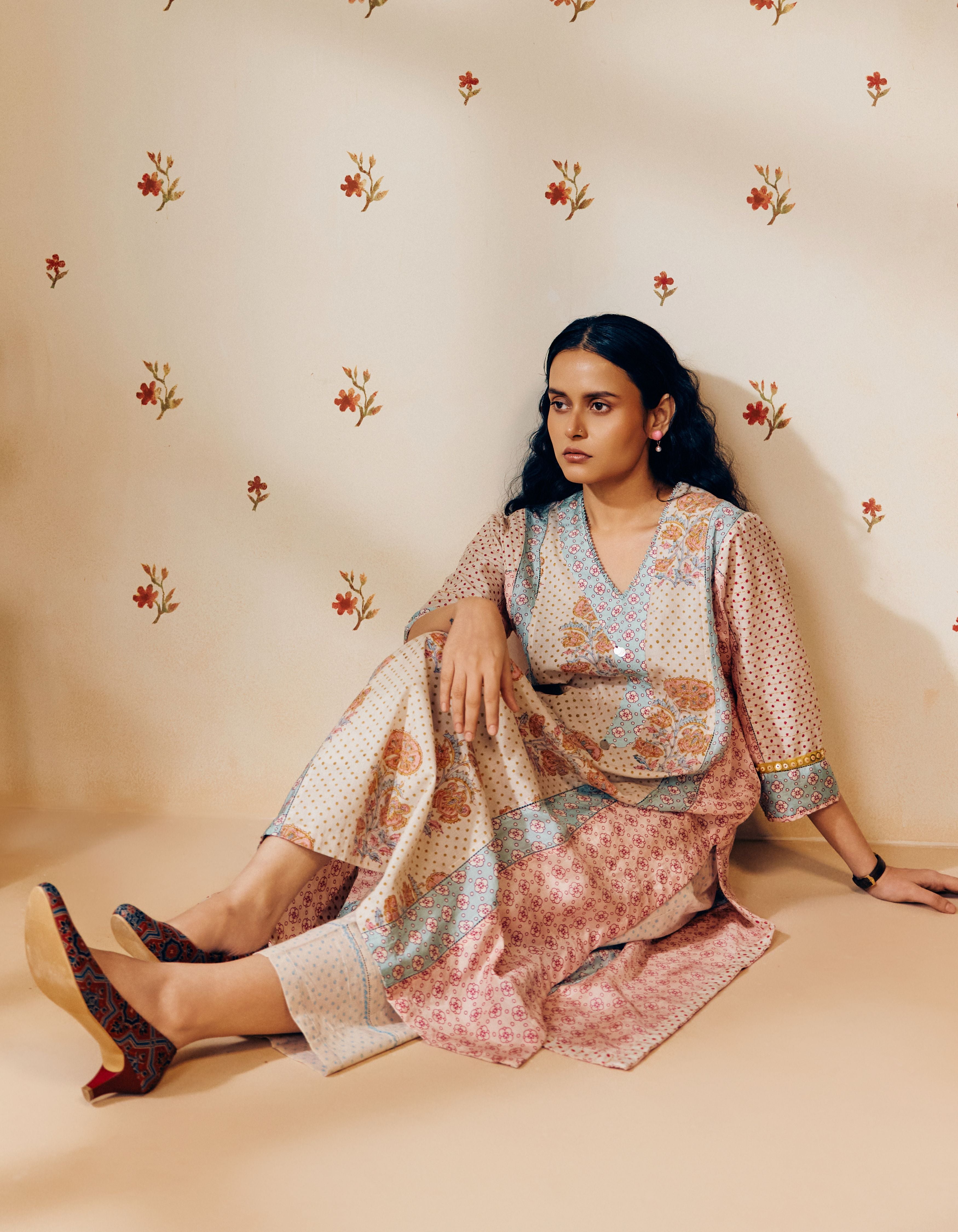 Off-White And Dusty Pink Front Gathers Hand Block Printed Multi Panel Mia Kurta Set