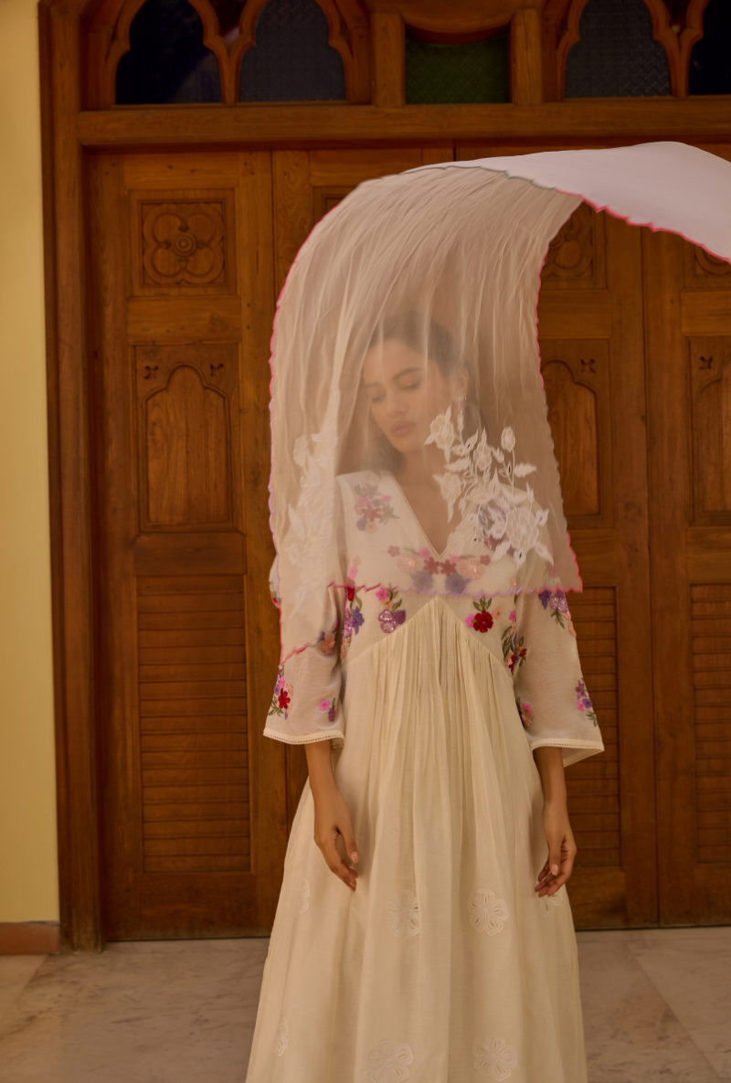 Ivory Hand Embroidered Kalidaar Anaardana Kurta Set