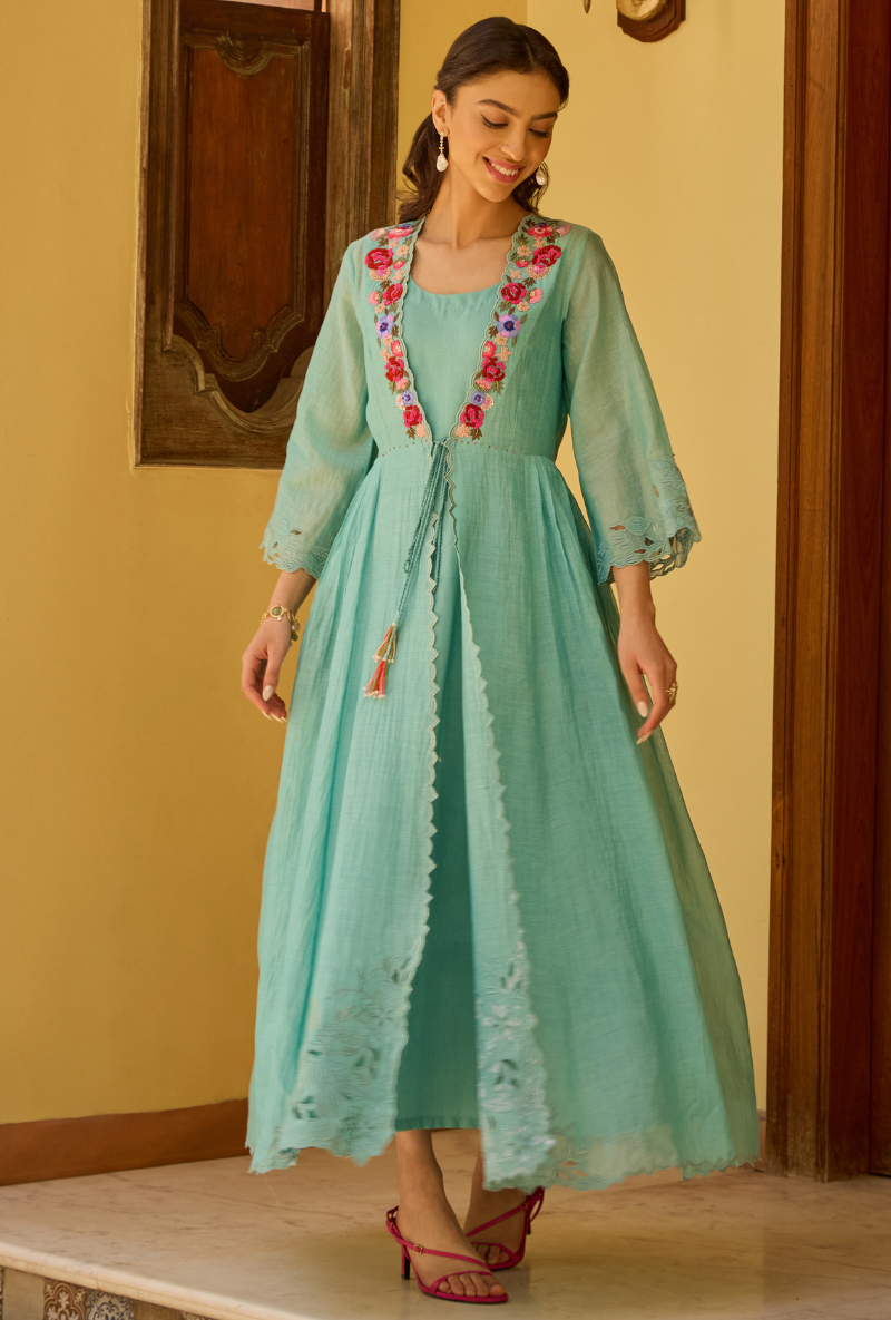 Turquoise Cut Dana And Sequin Cape Anaardana Dress Set