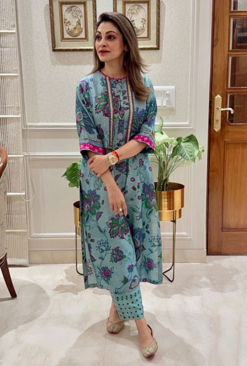 Meghna Nayyar in Blue Hand Printed Kaftan Cut Eden Kurta Set
