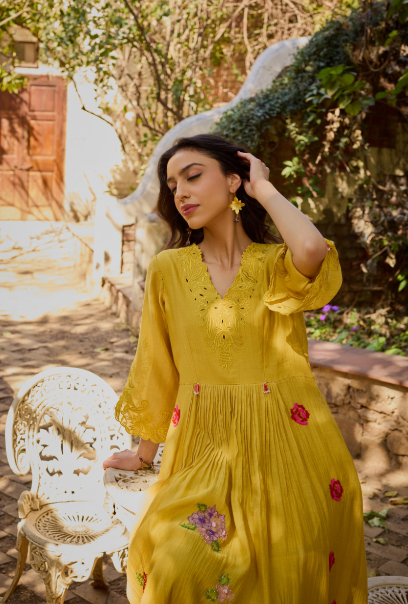 Mustard Empire Cut Applique Anaardana Anarkali Set
