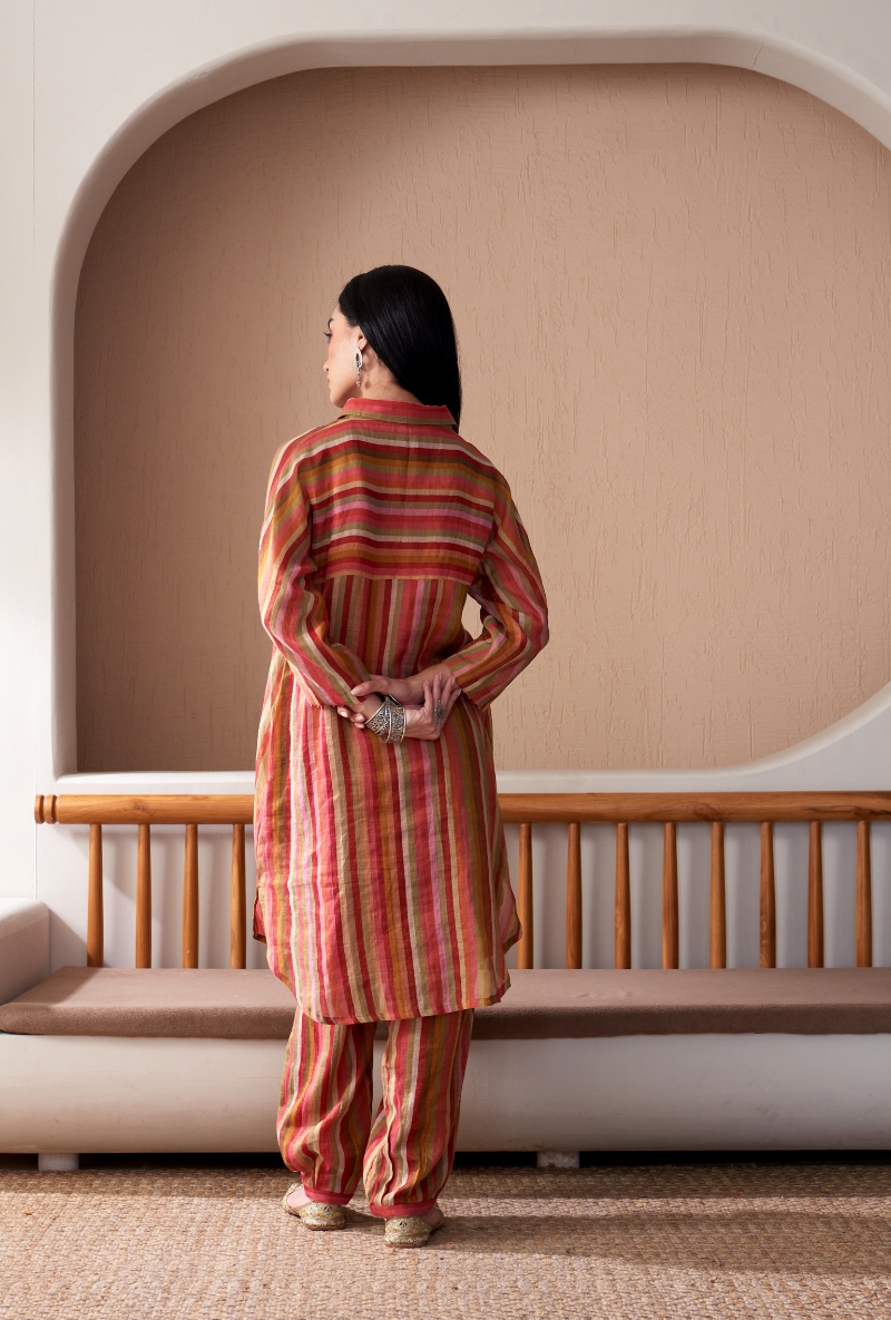 Red Anti Fit Stripe Bageecha Kurta Set