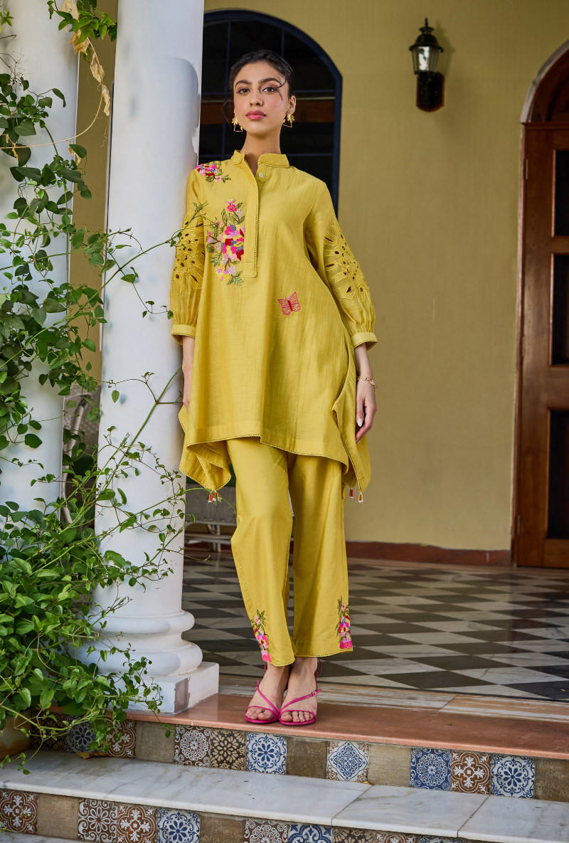 Mustard Side Drop Short Annardana Co-Ord Set