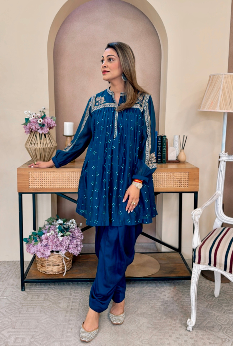 Meghna Nayyar in Blue Bandhej Dhoti Kurta Set