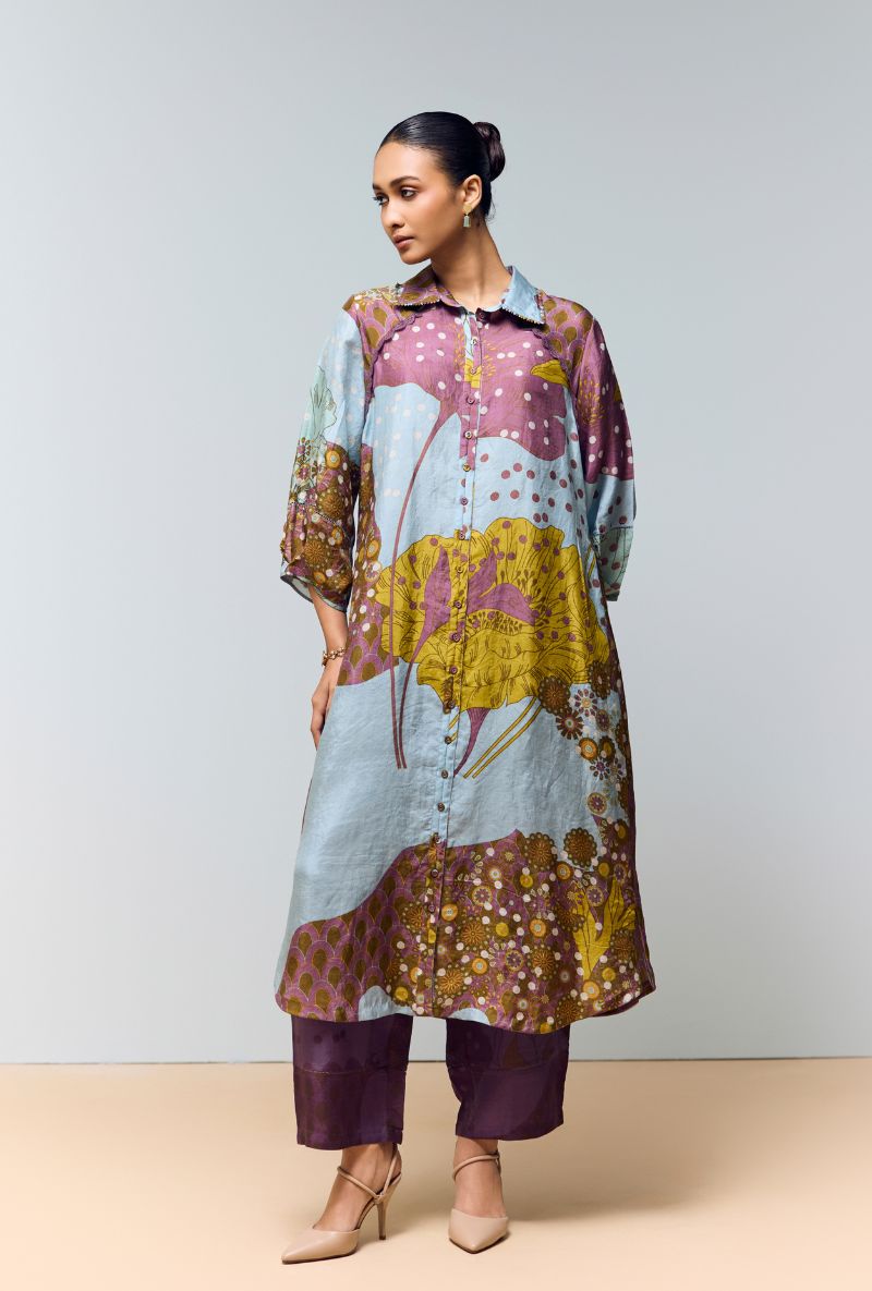 Greyish Blue Hand Printed Shirt Collar Eden Co-Ord Set