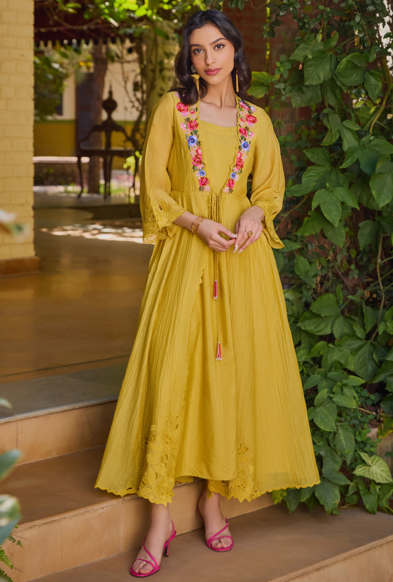 Mustard Cut Dana And Sequin Cape Anaardana Dress Set