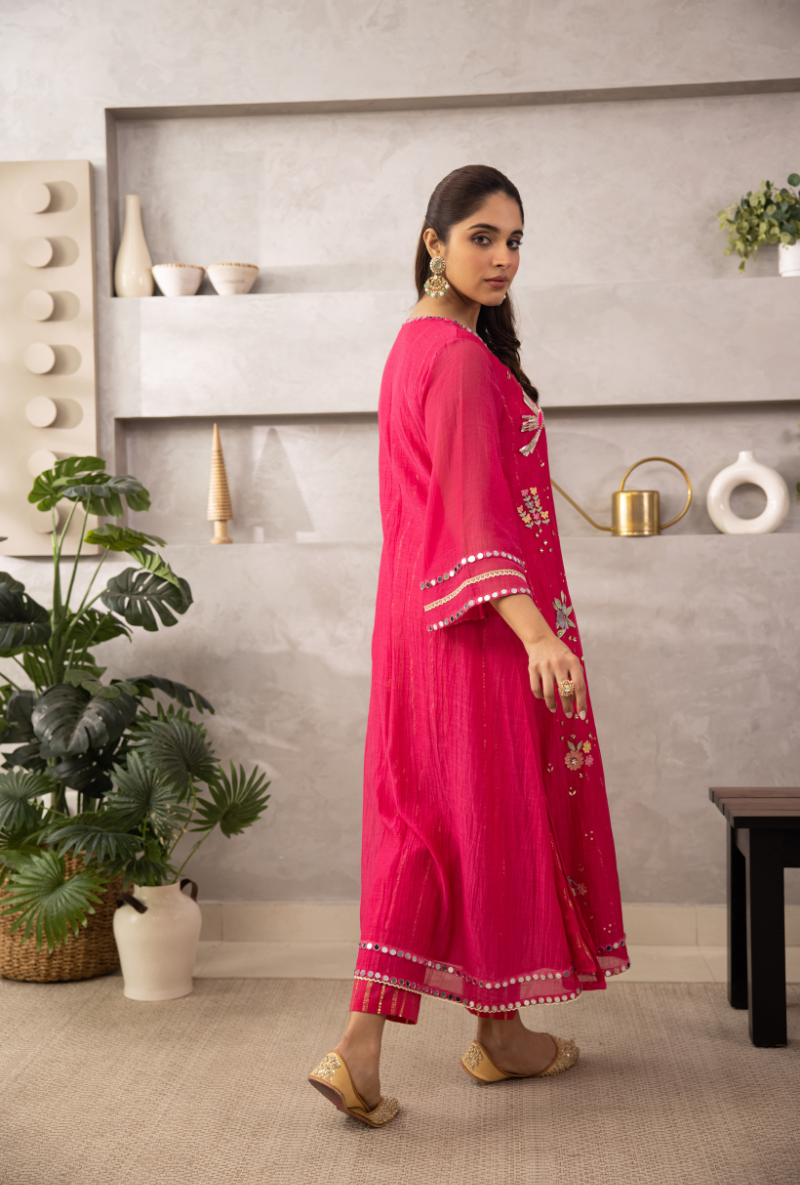 Pink Glass Neckline A-Line Kurta Set