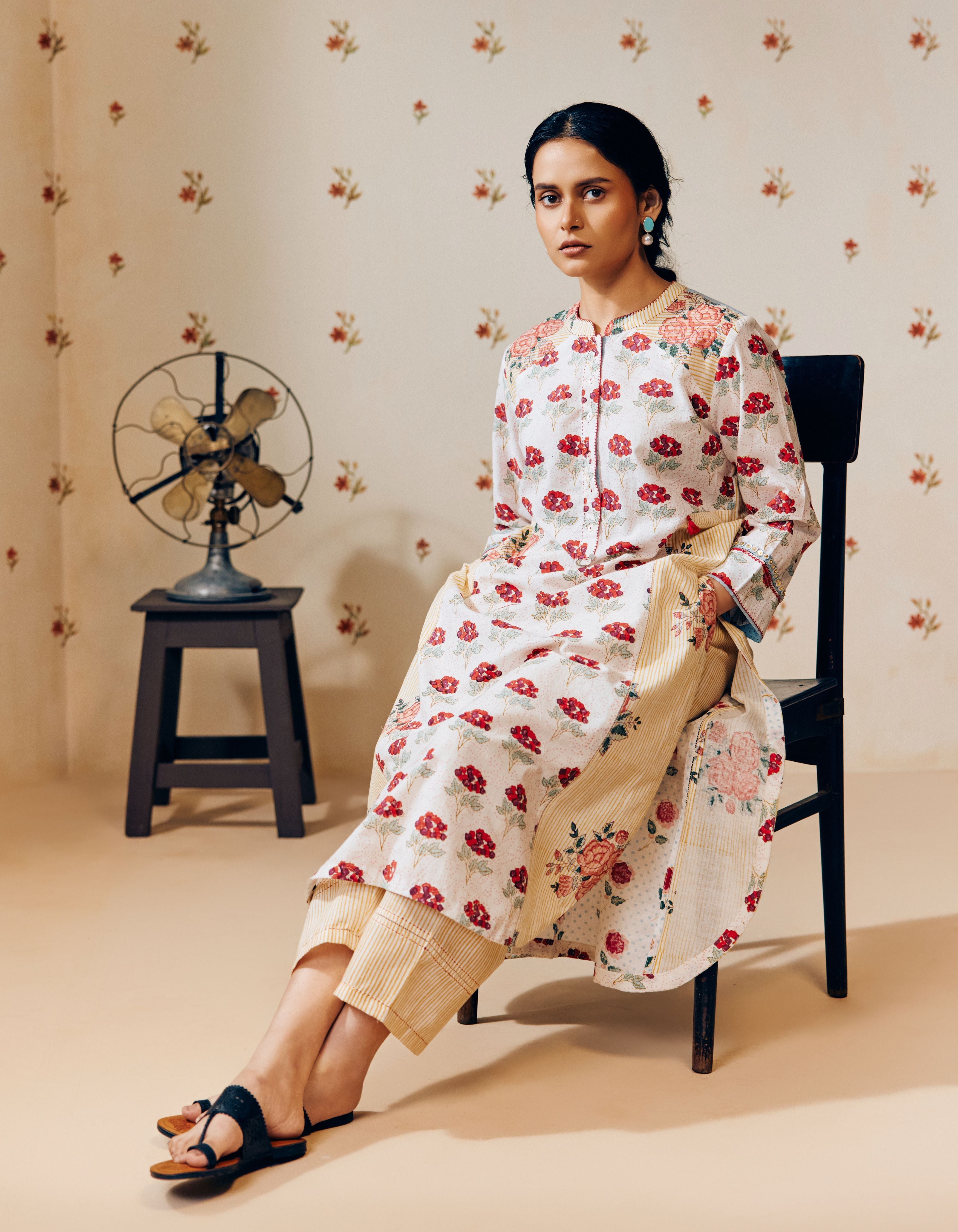 Off White Poppy and Stripes Print Mia Kurta Set
