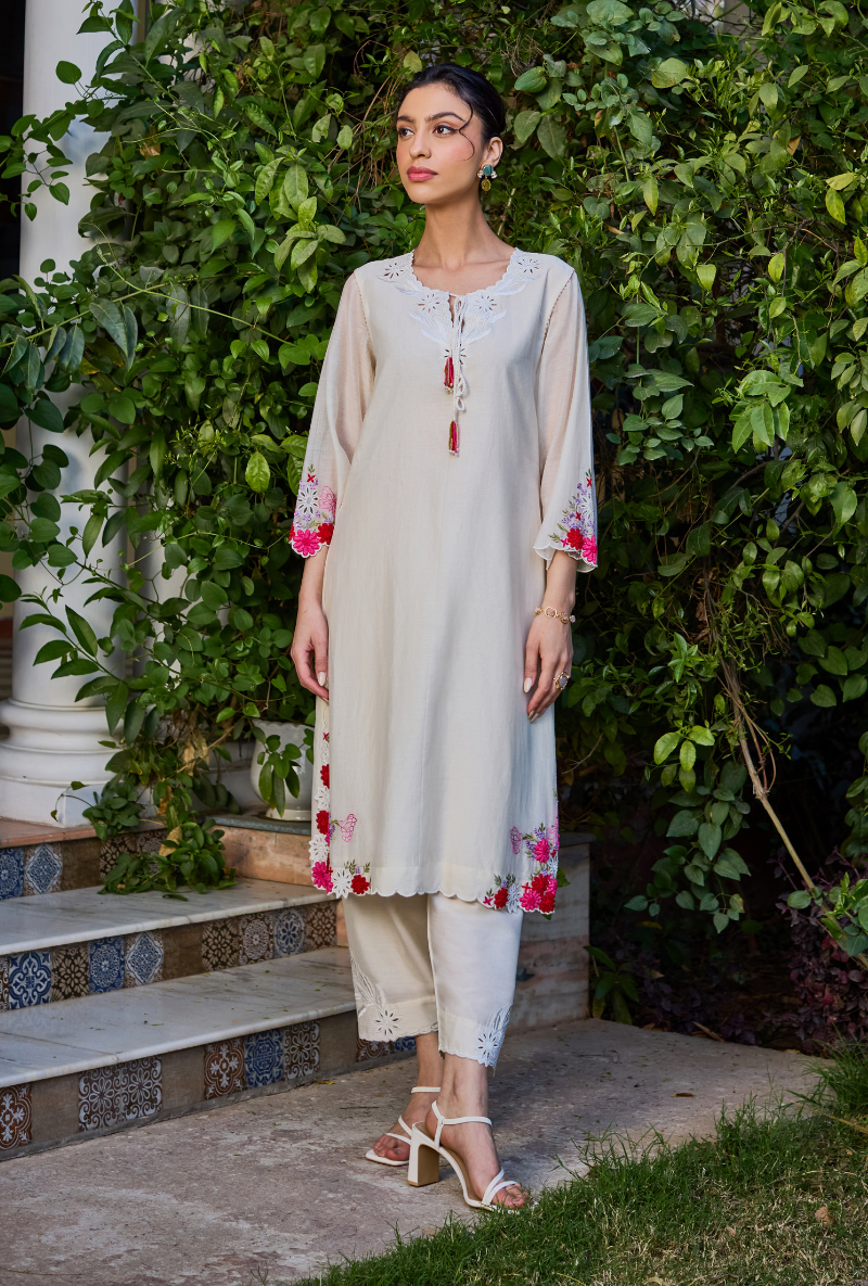 Ivory Cutwork Neckline Straight Anaardana Kurta Set