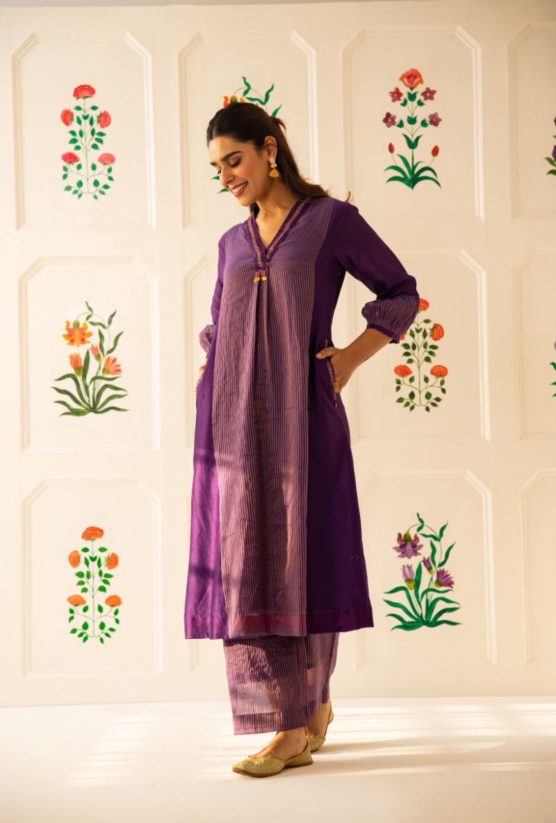 Purple High Collar Kishmish Kurta Set