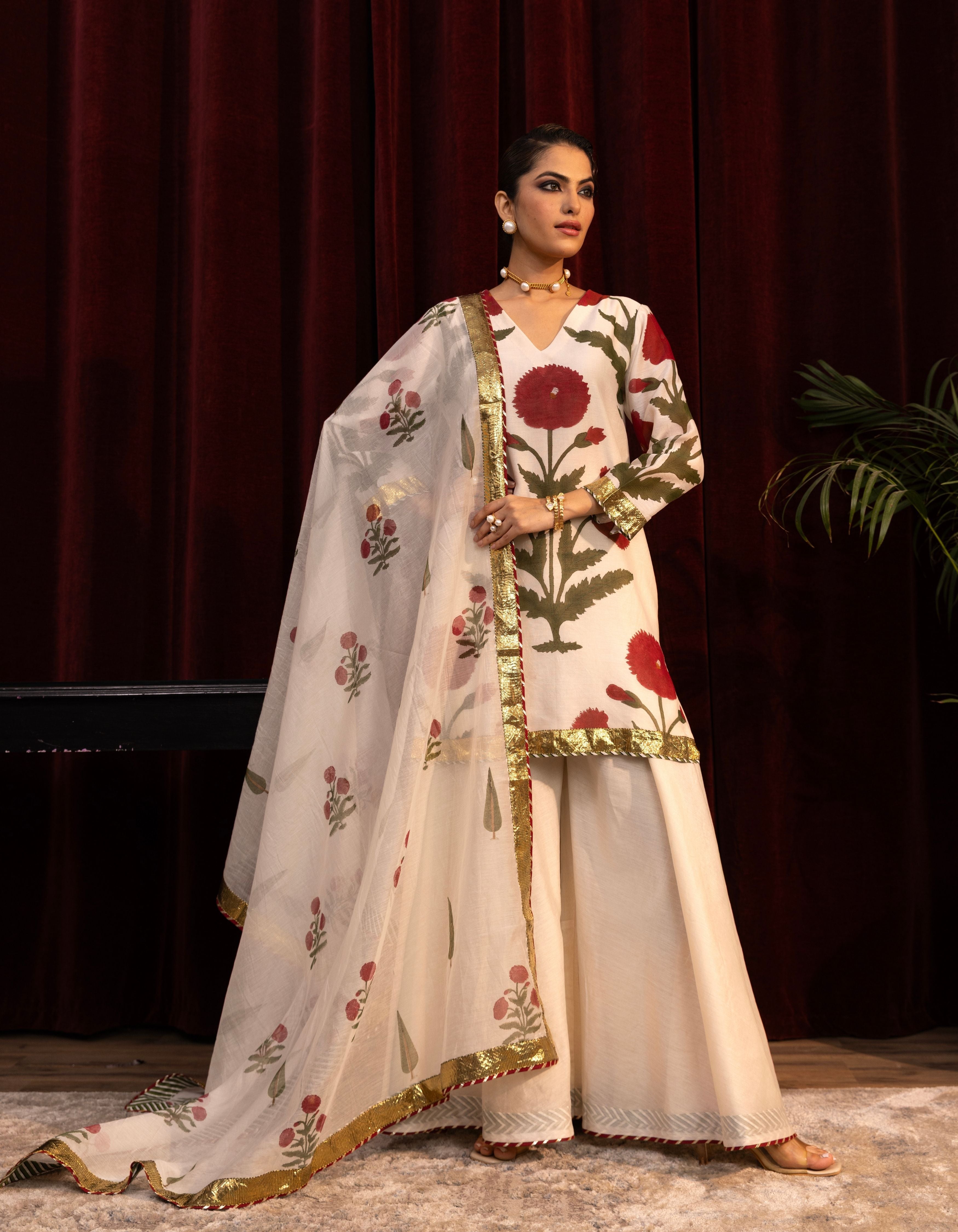 Ivory Poppy Block Print Mogra Sharara Set