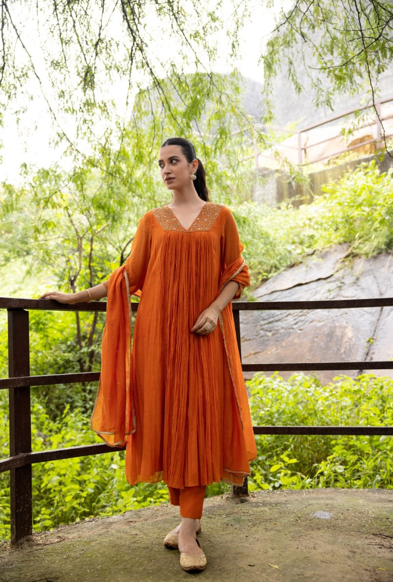 Orange Front Pleat Kurta Set