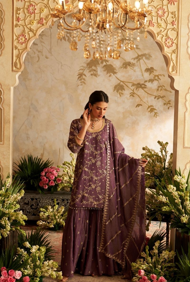 Purple Embroidered Rumi Gharara Set