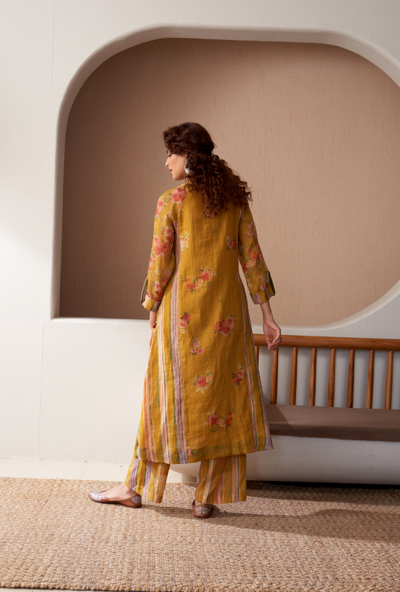 Mustard Embroidered V Neck Bageecha Kurta Set