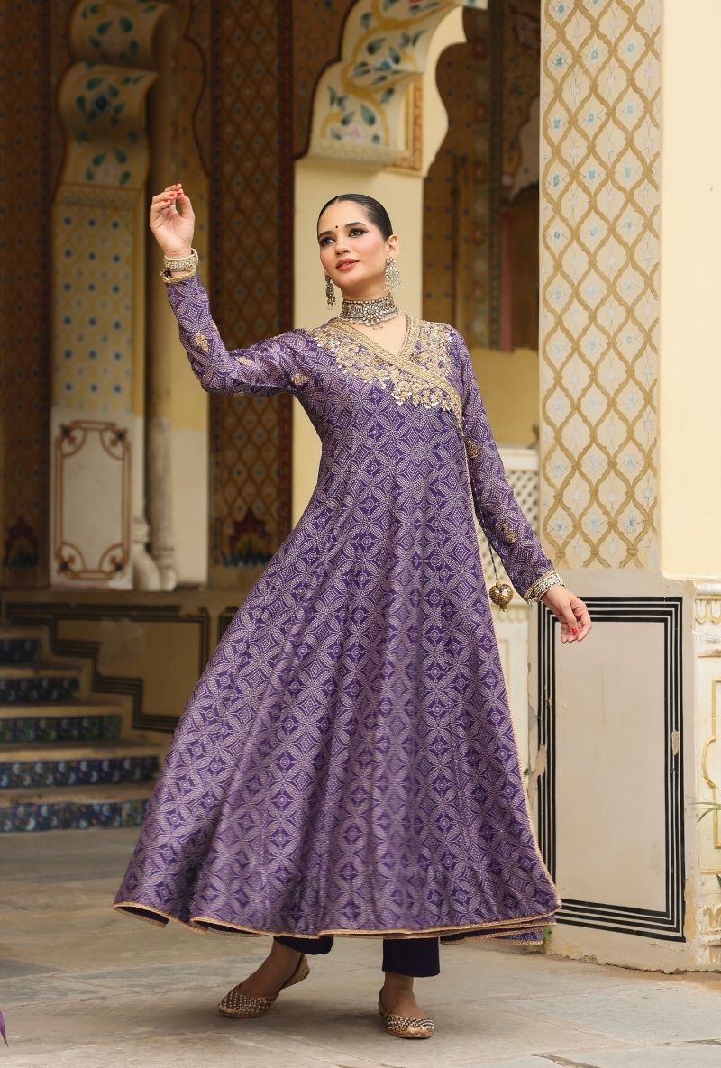Purple Printed Mehfil Angrakha Set