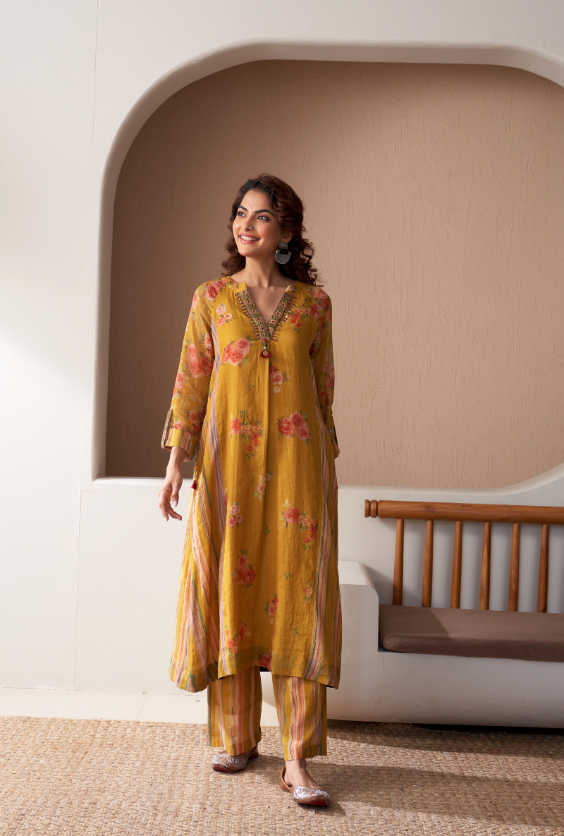 Mustard Embroidered V Neck Bageecha Kurta Set