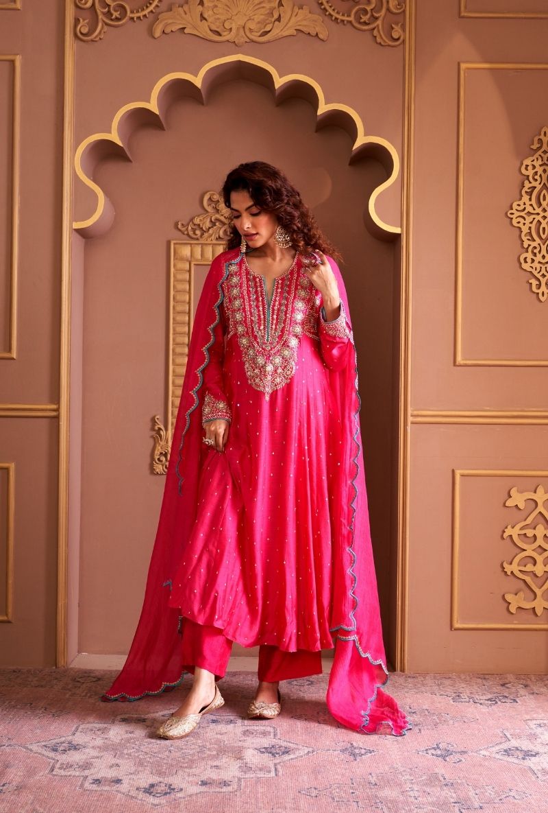 Pink Heavy Yoke Rasia Kurta Set