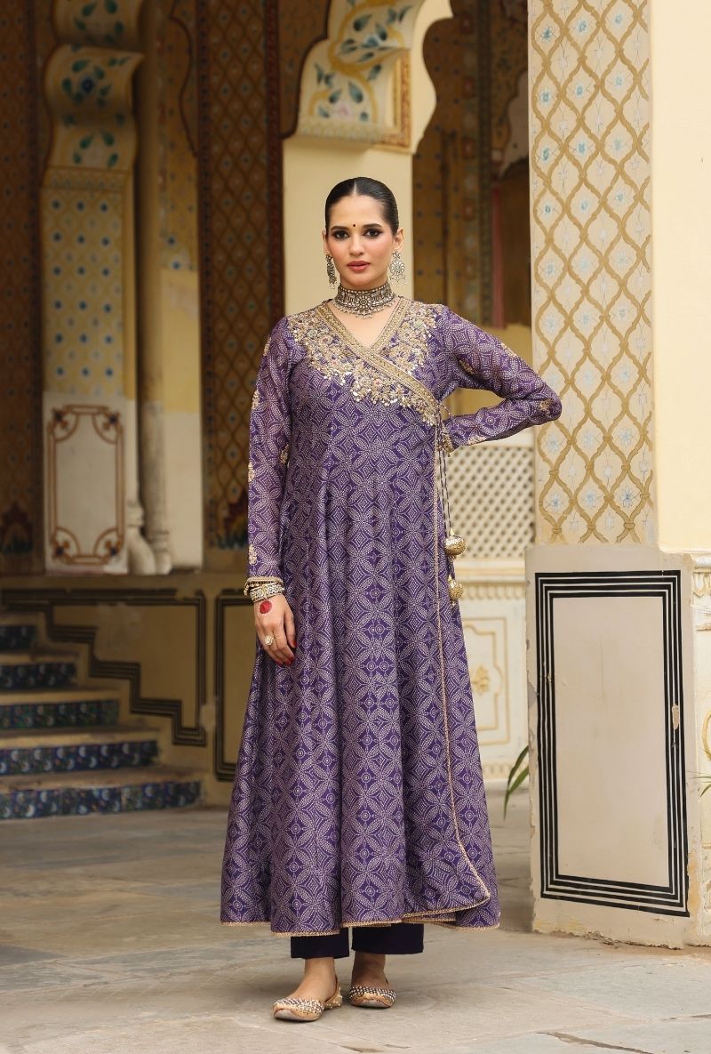 Purple Printed Mehfil Angrakha Set