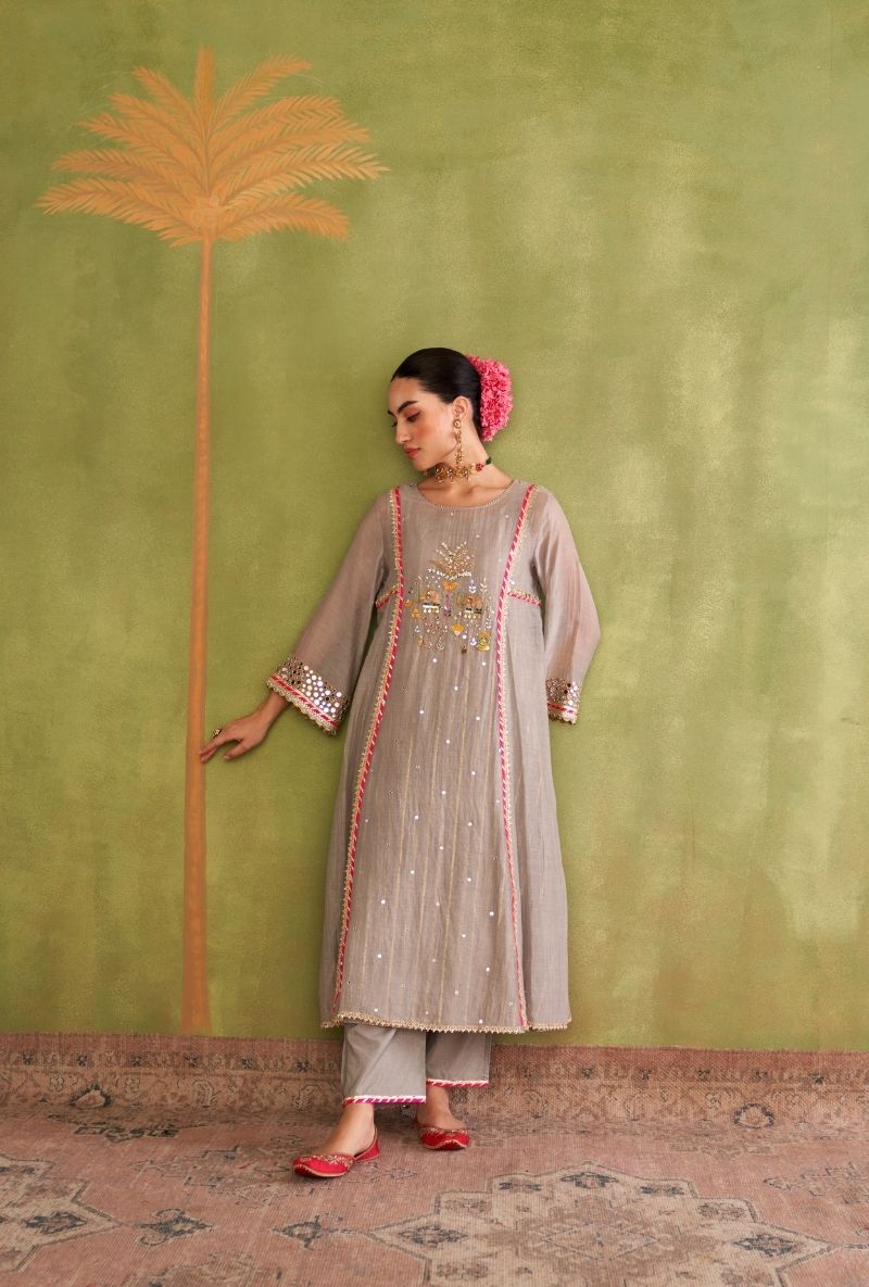 Grey Elephant Motif Morbagh Kurta Set
